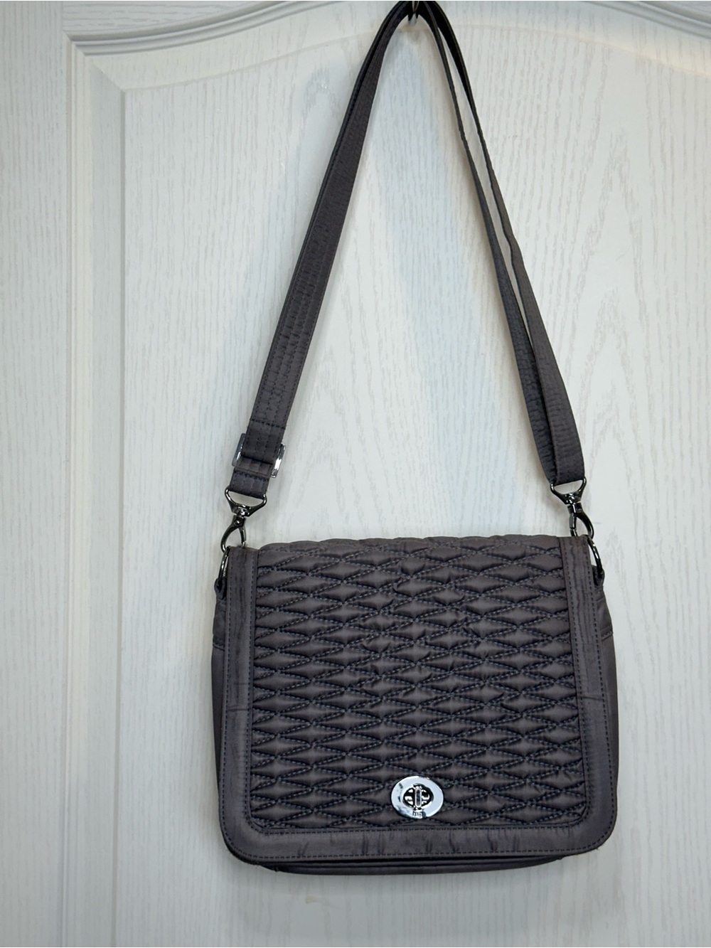 Lug Presto Crossbody Bag – Gunmetal Grey diamond quilted top flap turn lock